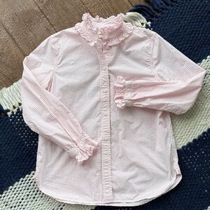 J. Crew Pink Gingham Button Down Shirt with ruffled collar and cuffs, 8